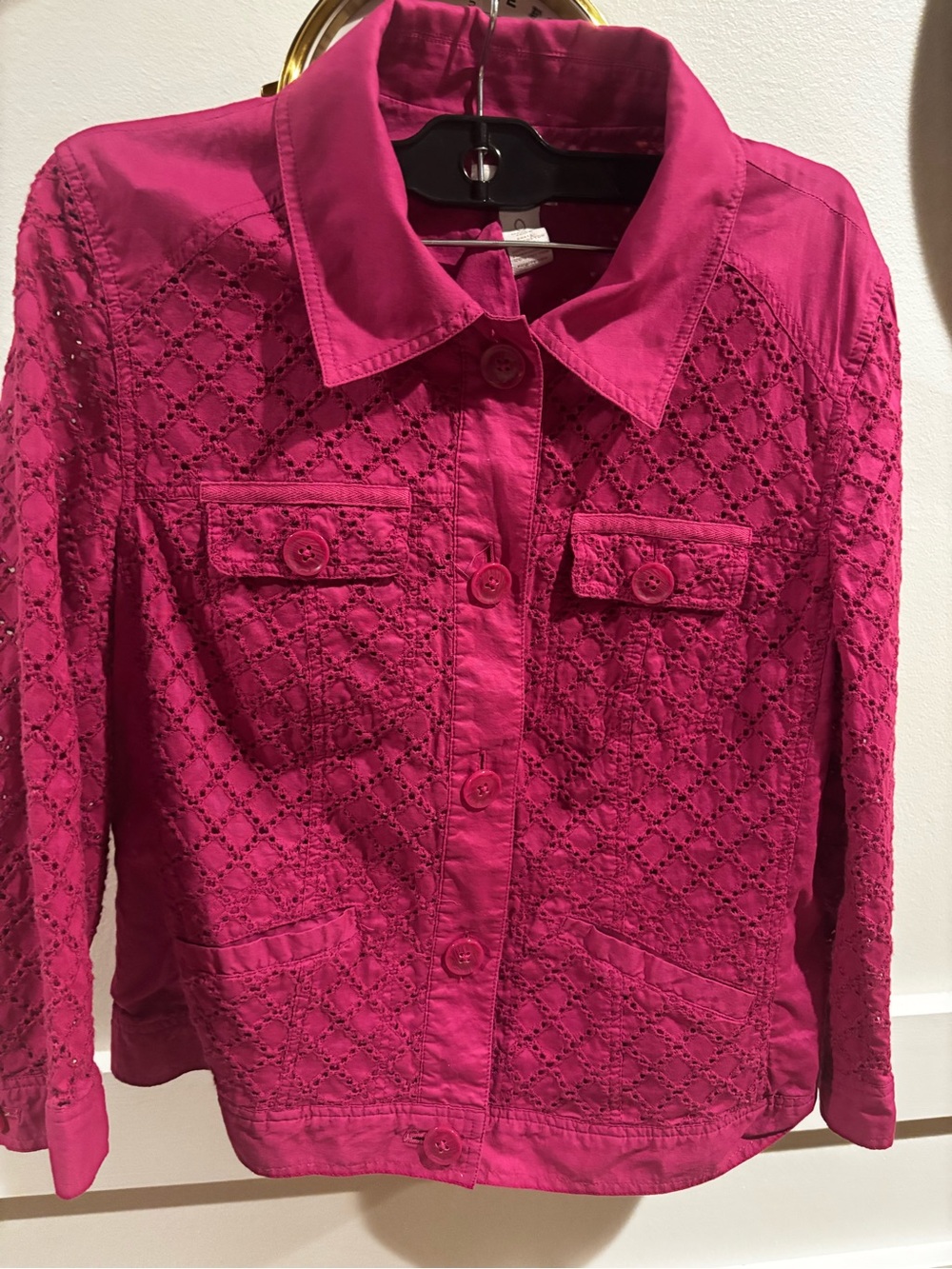 Chico's Magenta Bengali Diane Eyelet 3/4 Sleeve Short Shirt Jacket